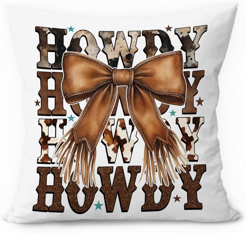ETVISO Cowgirl Room Decor, Western Cowgirl Pillow Cover 18x18, Trendy Coquette Cowboy Bow Howdy Decorative Throw Pillow Case for Girls Bedroom Home Drom Apartment - Image 1